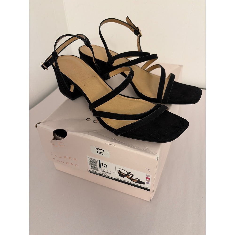 LC Lauren Conrad Black Sandals Womens 10 EmeliaH2 Strappy Block Heel Memory Foam